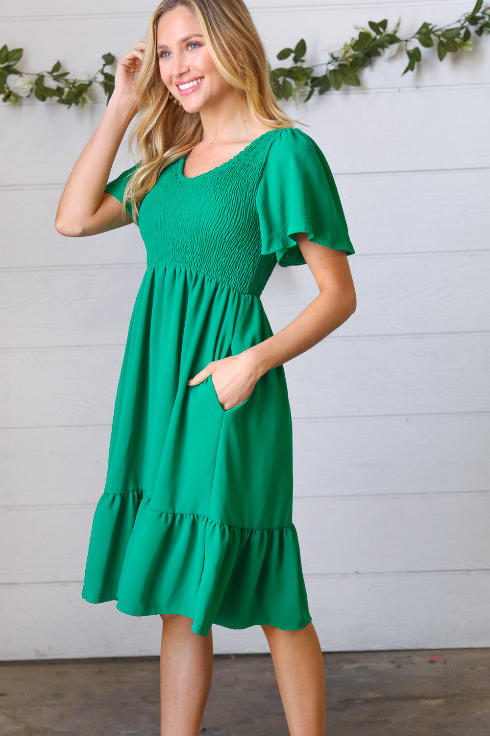 Shamrock Green Smock Fit & Flare Flutter Sleeve Dress