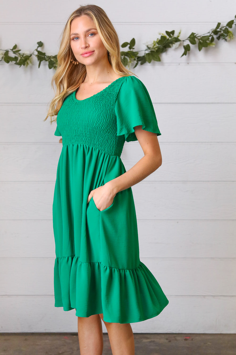 Shamrock Green Smock Fit & Flare Flutter Sleeve Dress