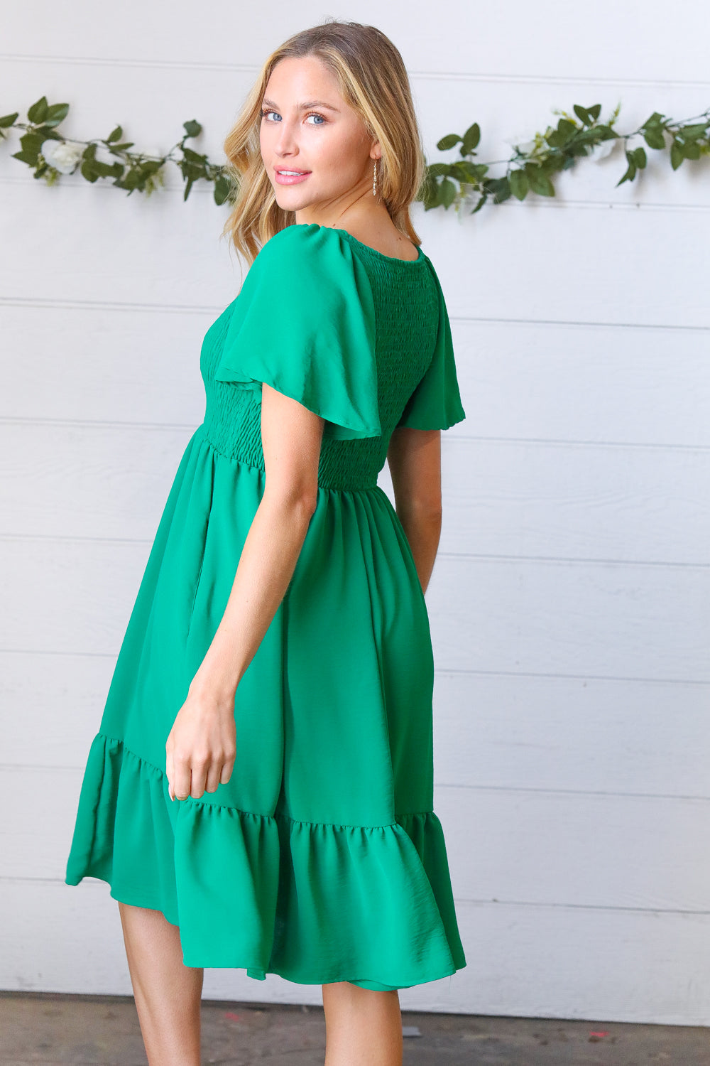 Shamrock Green Smock Fit & Flare Flutter Sleeve Dress