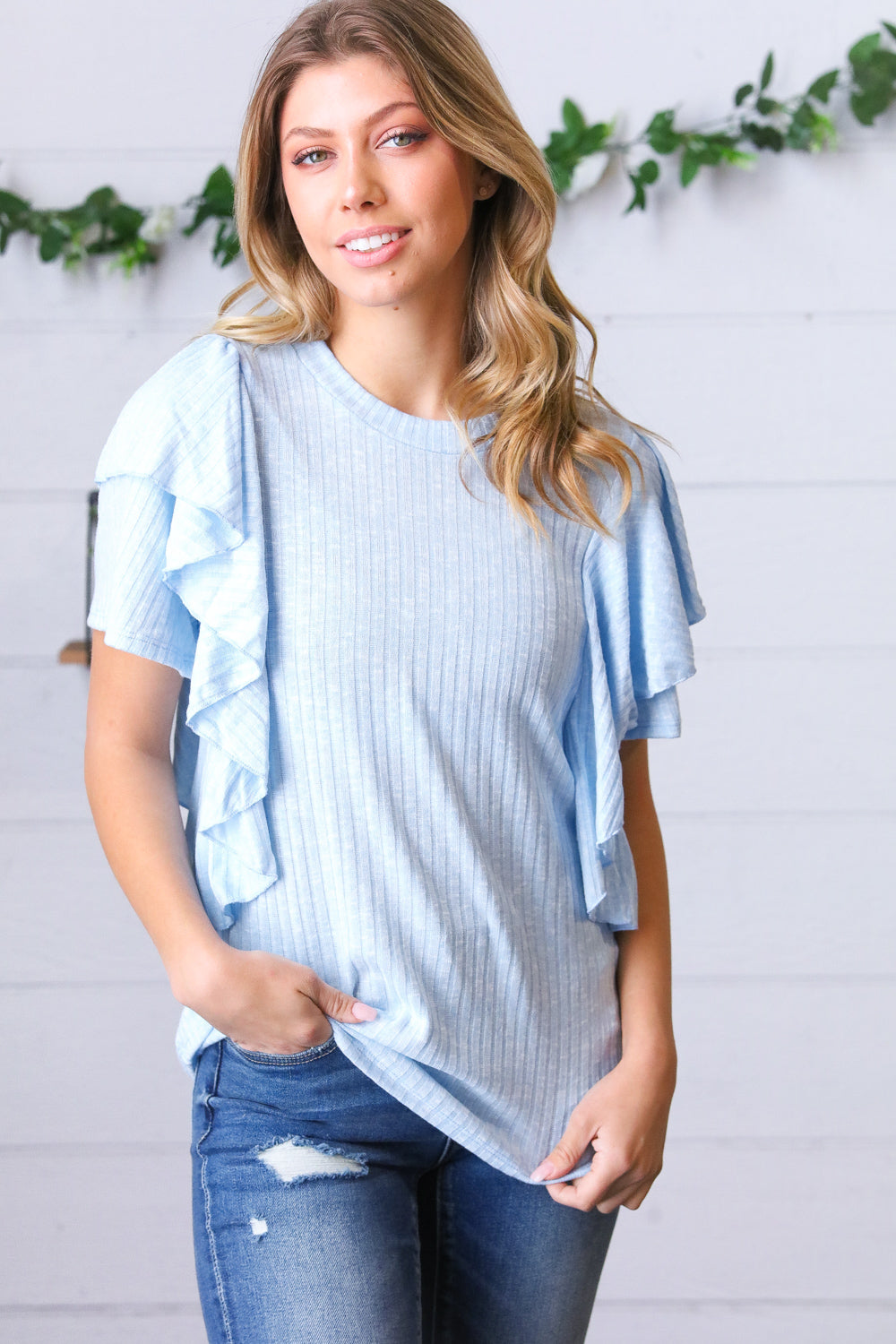 Sky Blue Double Ruffle Sleeve Two Tone Top