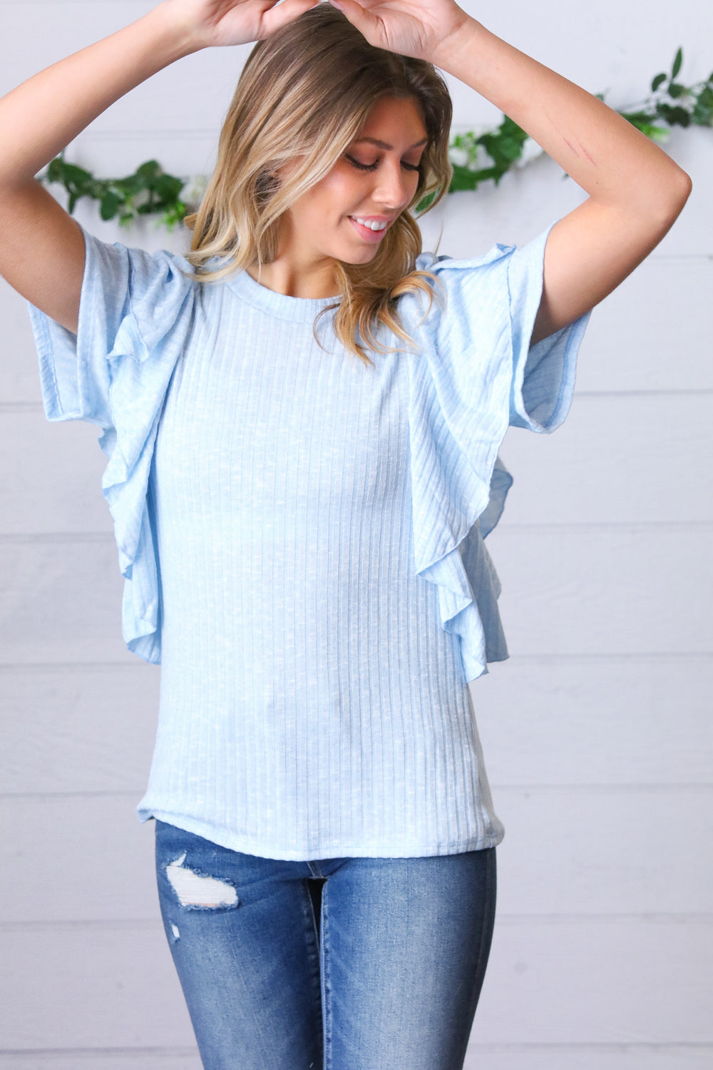 Sky Blue Double Ruffle Sleeve Two Tone Top