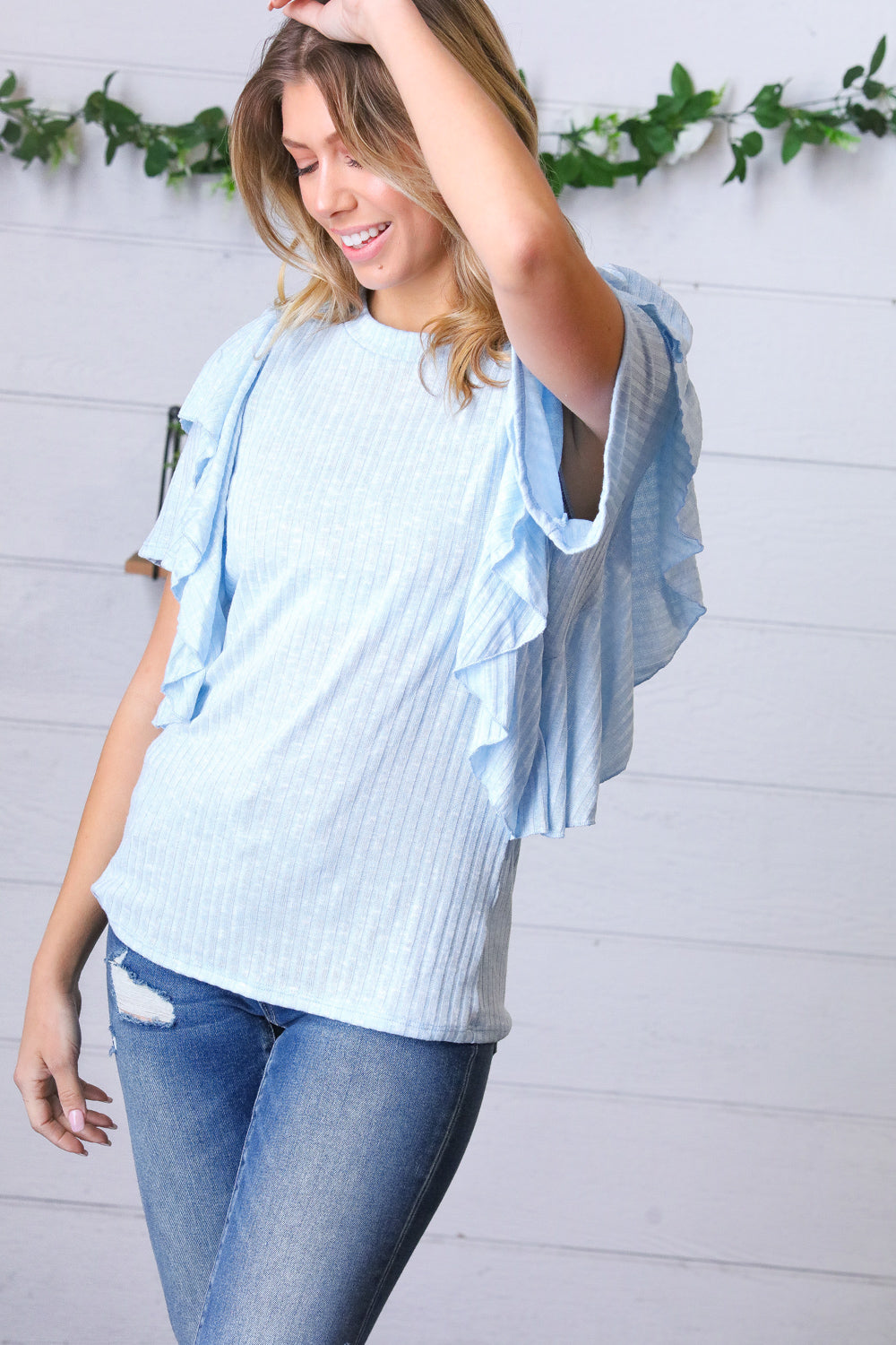 Sky Blue Double Ruffle Sleeve Two Tone Top