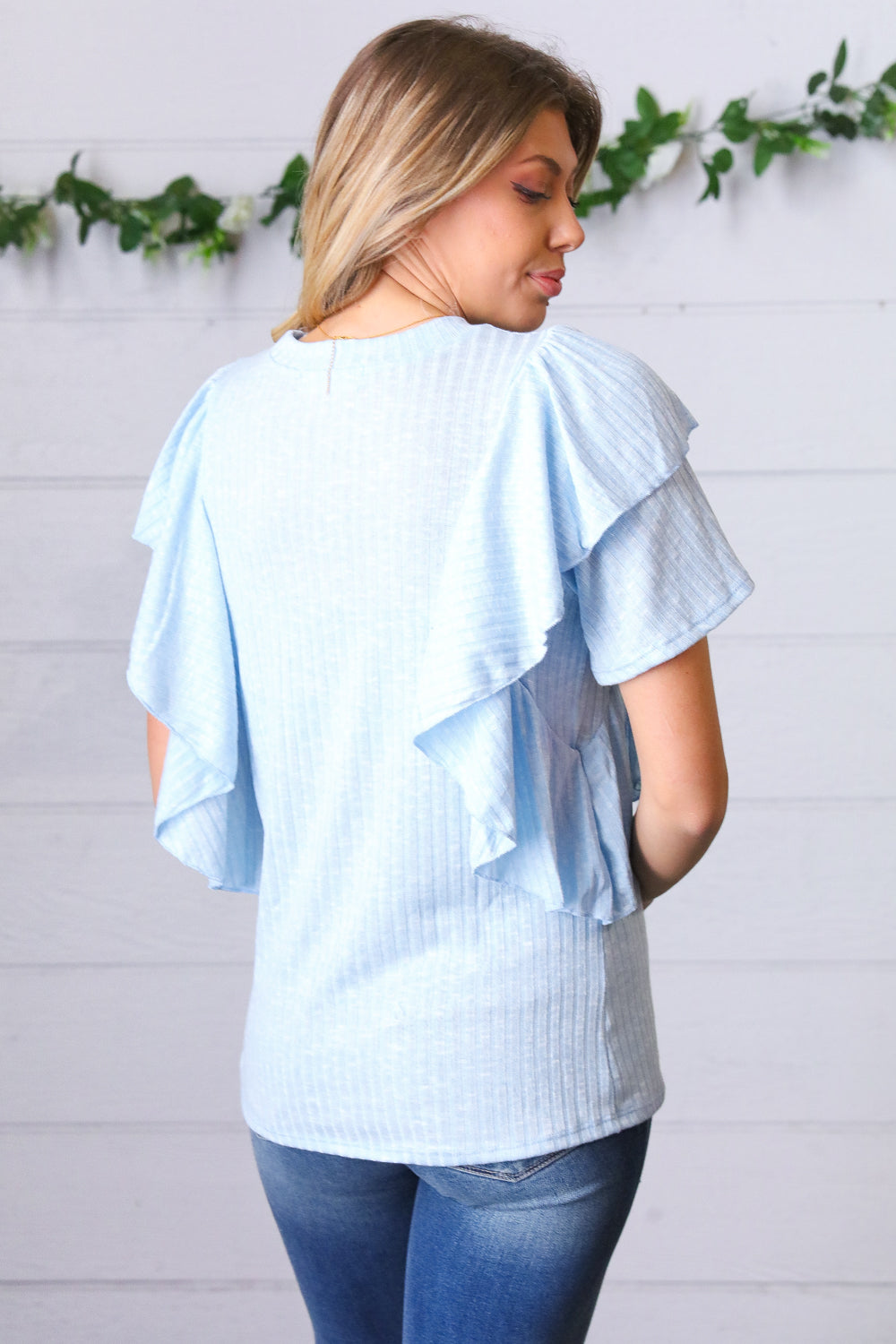 Sky Blue Double Ruffle Sleeve Two Tone Top