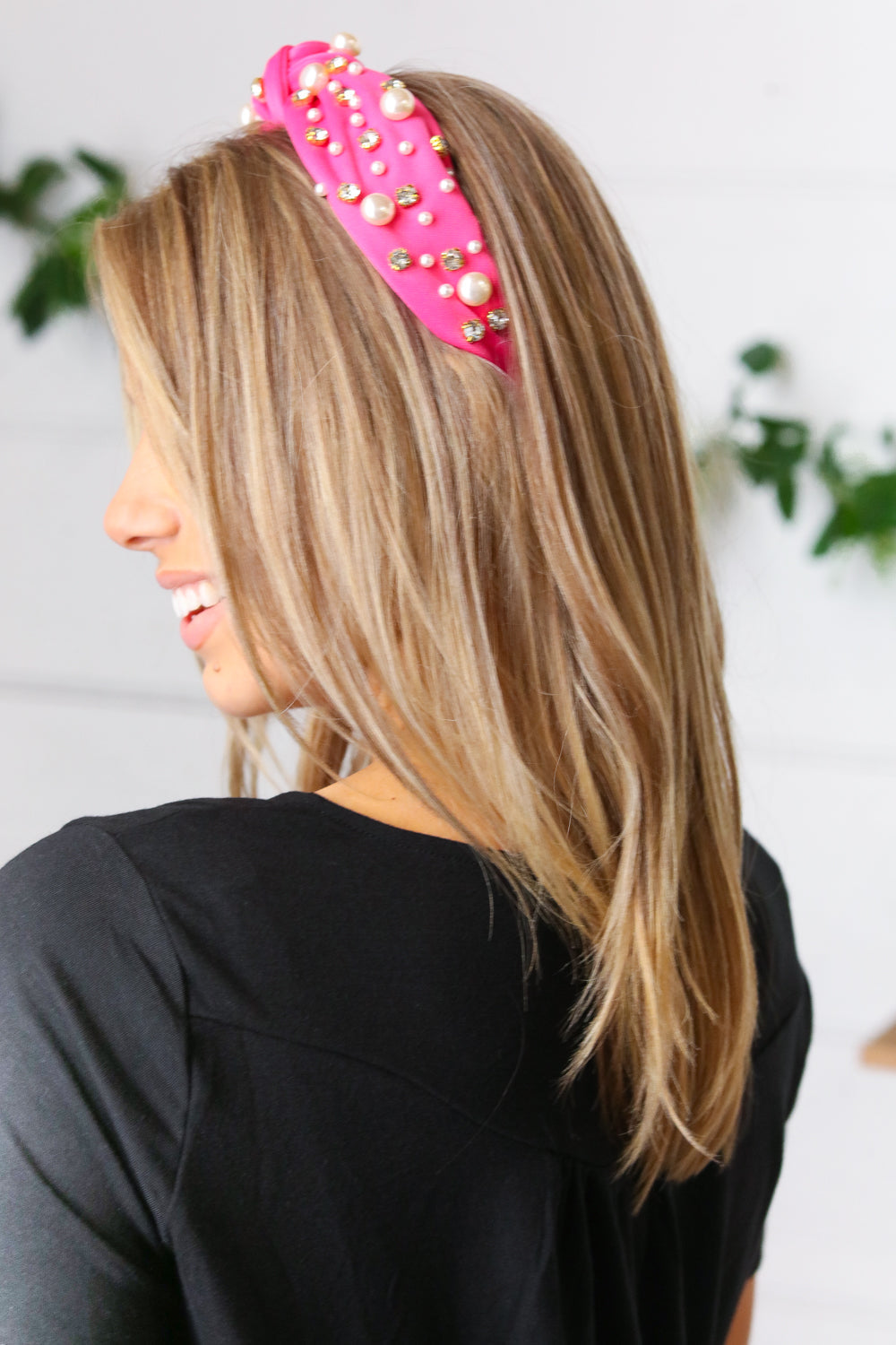 Pink Pearl & Jewels Top Knot Knit Headband