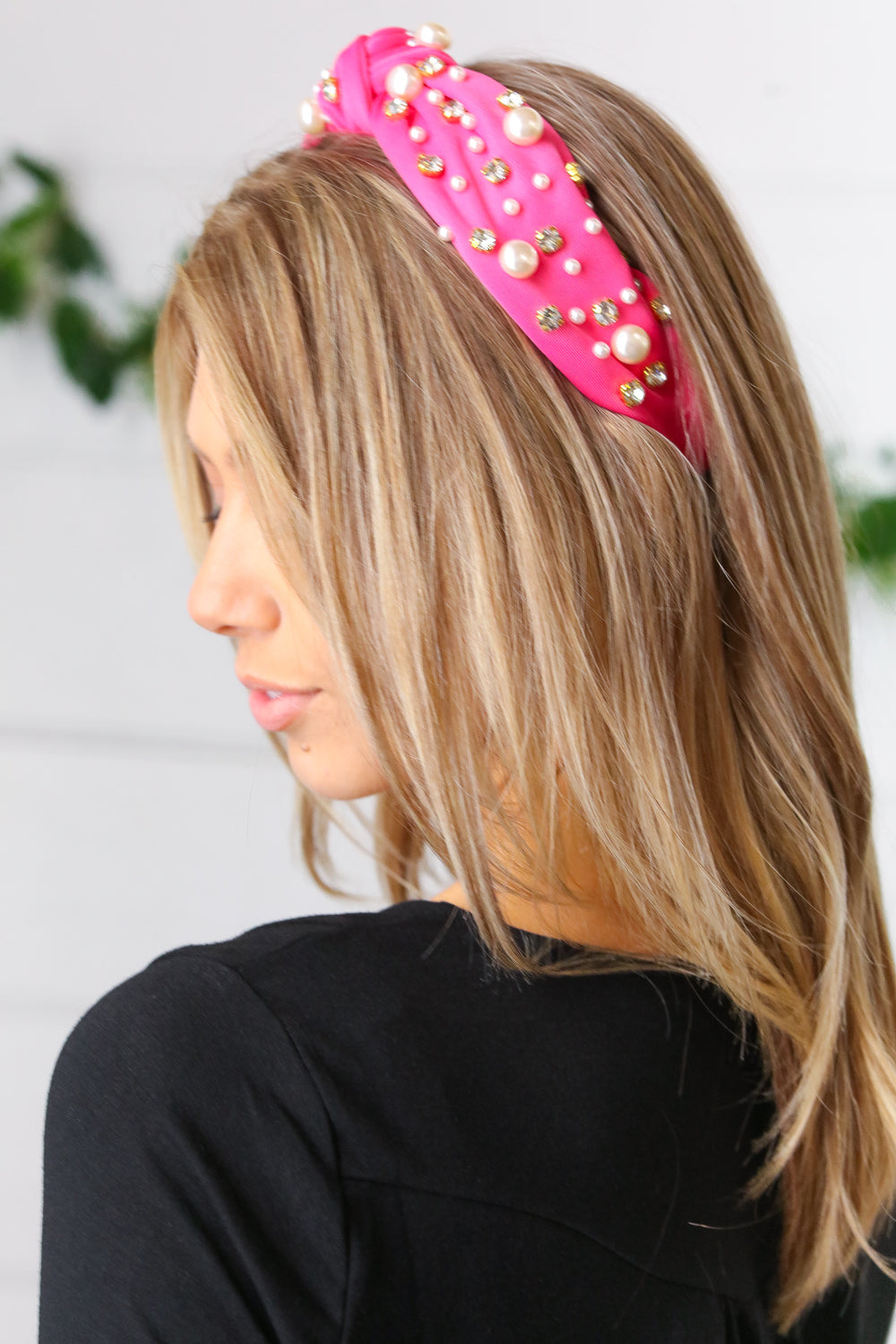 Pink Pearl & Jewels Top Knot Knit Headband