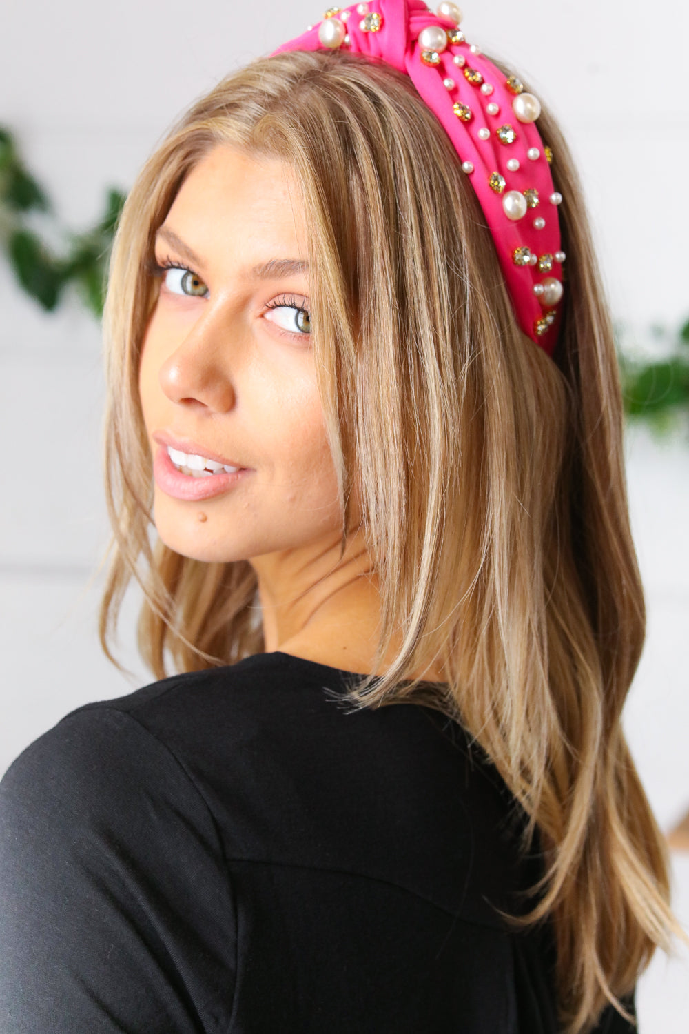 Pink Pearl & Jewels Top Knot Knit Headband
