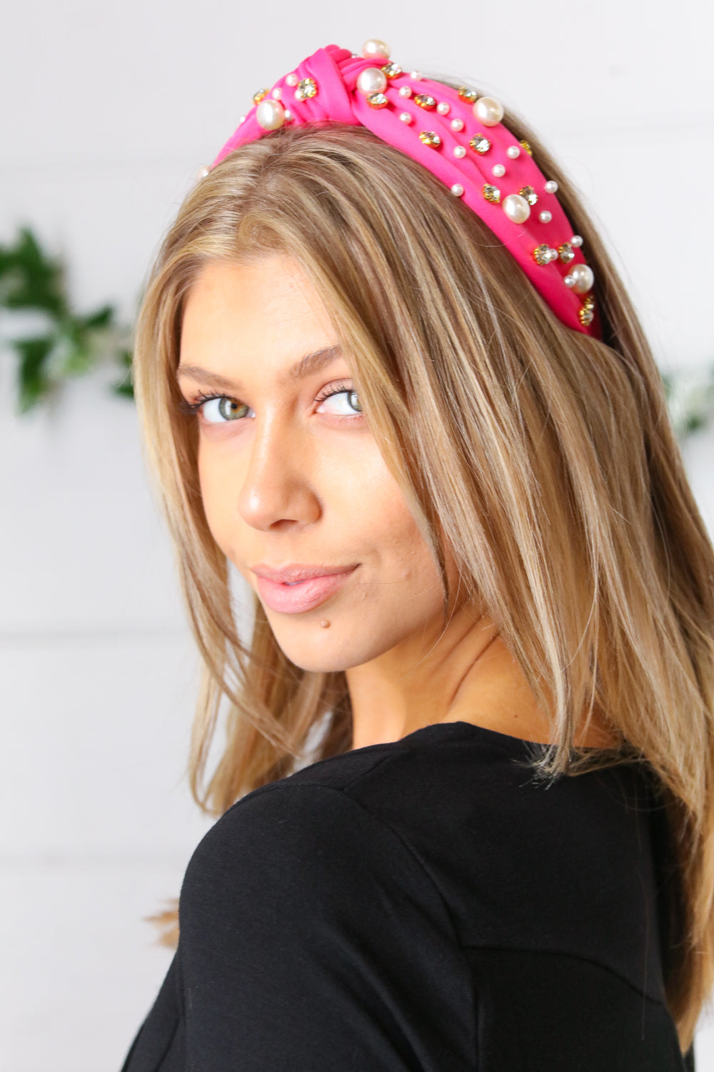 Pink Pearl & Jewels Top Knot Knit Headband