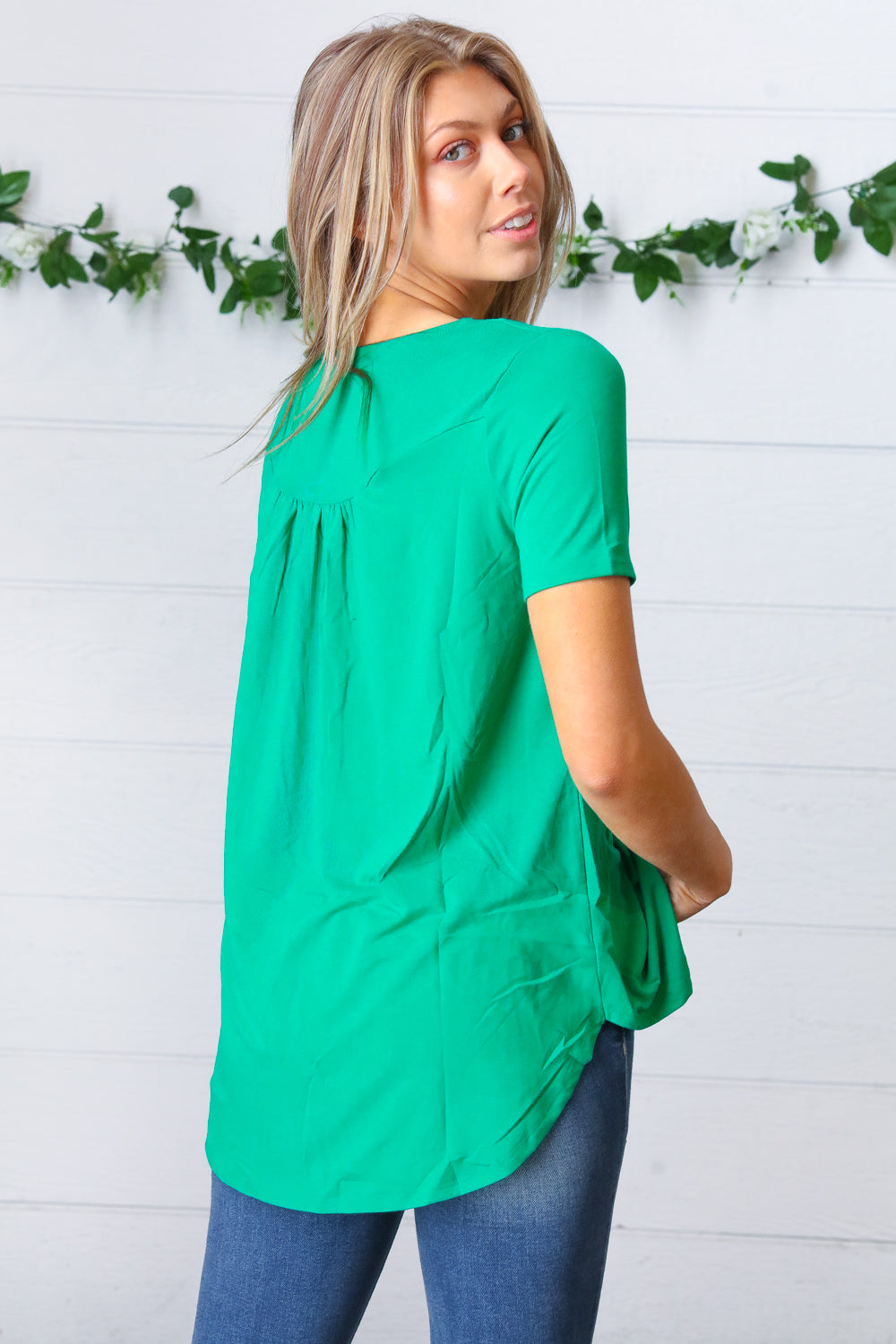 Saint Patty Green Dolphin Hem Shell Button Down Top