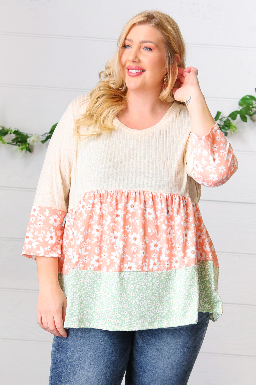 Oatmeal Rib Floral Tiered Babydoll Color Block Top