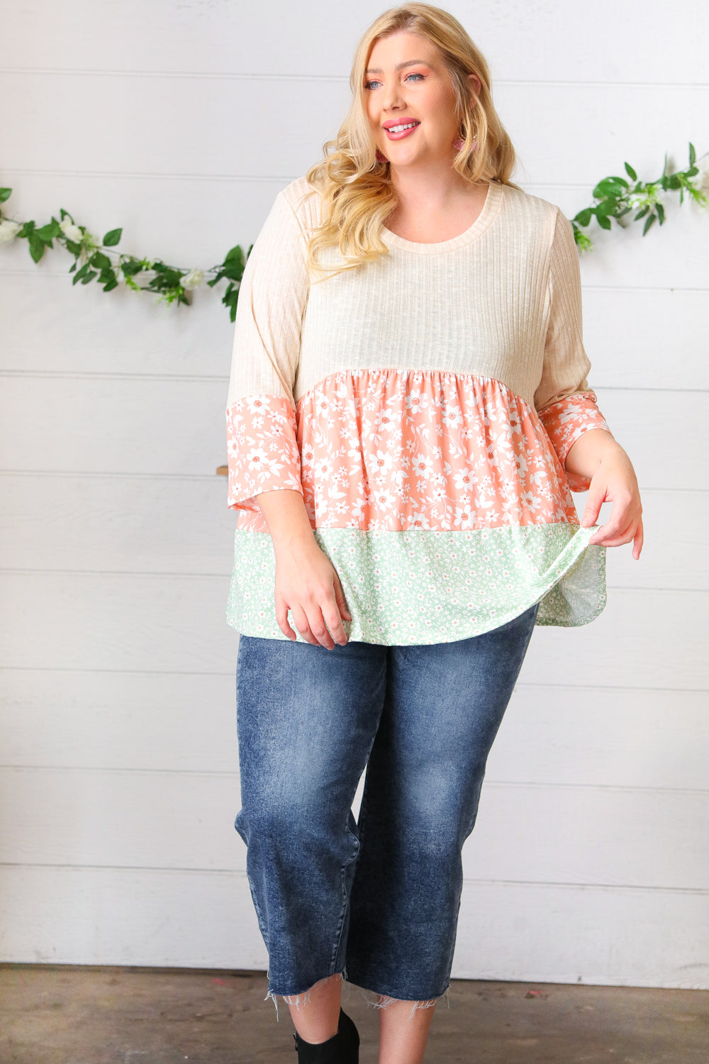 Oatmeal Rib Floral Tiered Babydoll Color Block Top