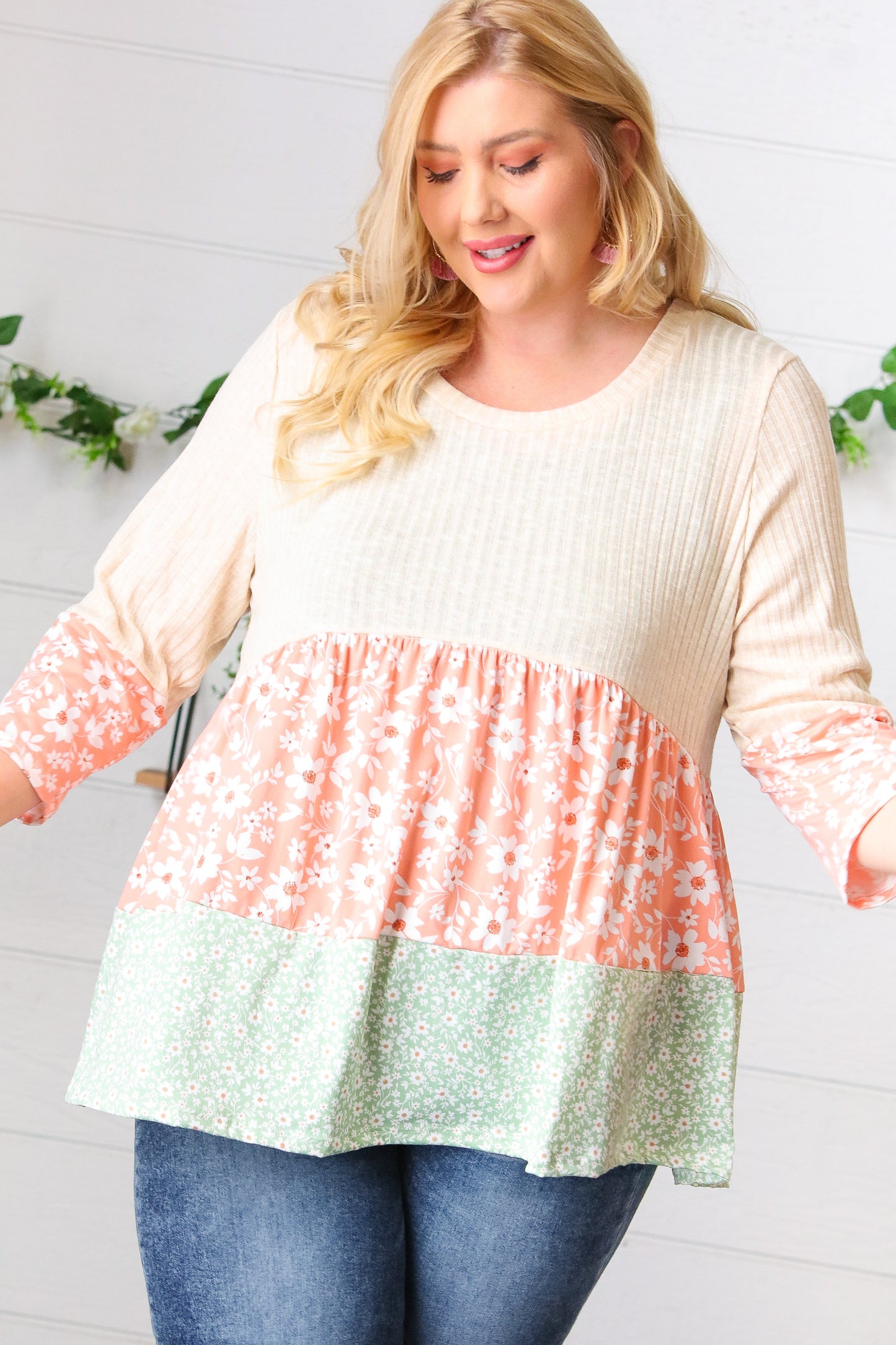 Oatmeal Rib Floral Tiered Babydoll Color Block Top