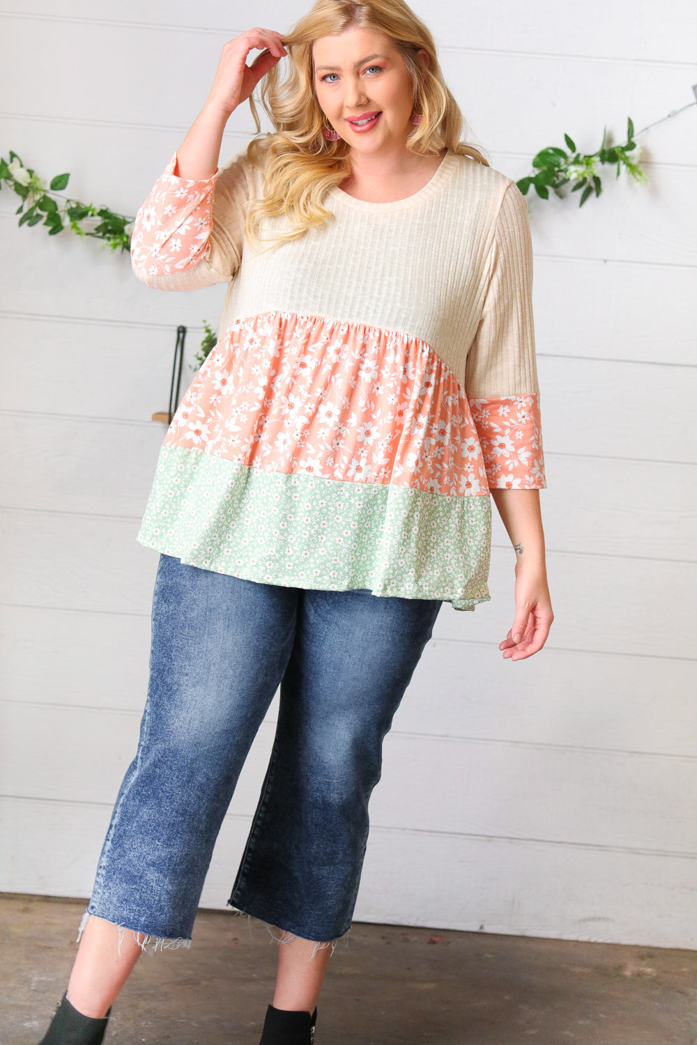 Oatmeal Rib Floral Tiered Babydoll Color Block Top