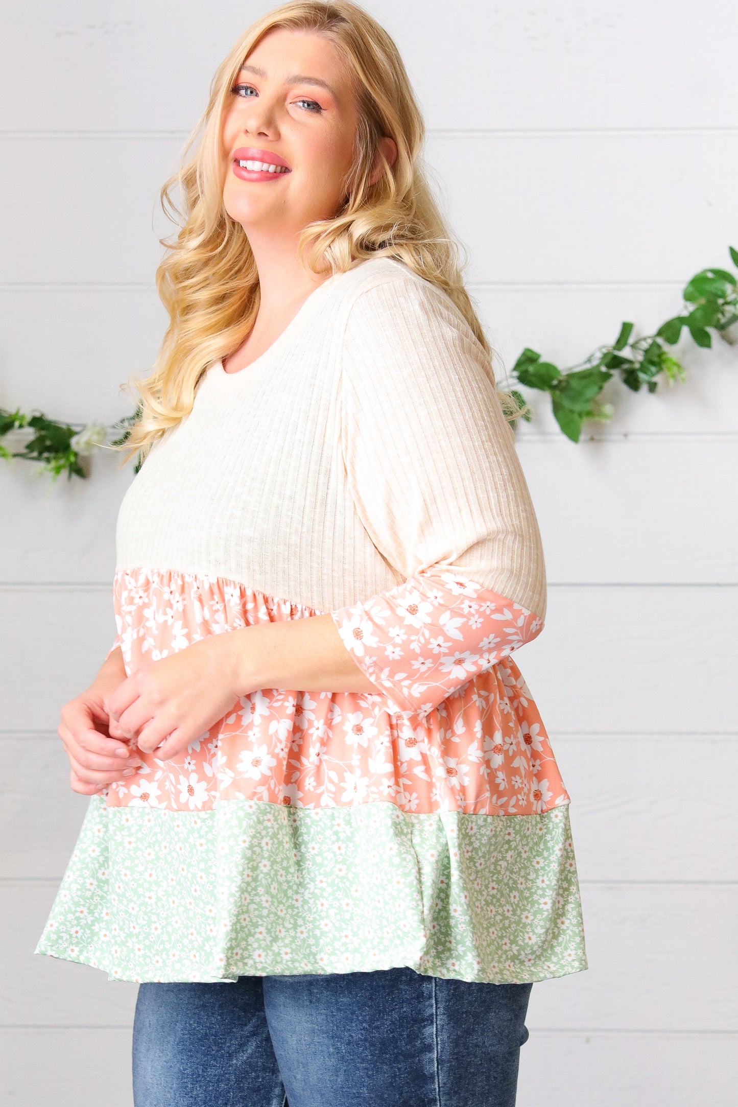 Oatmeal Rib Floral Tiered Babydoll Color Block Top