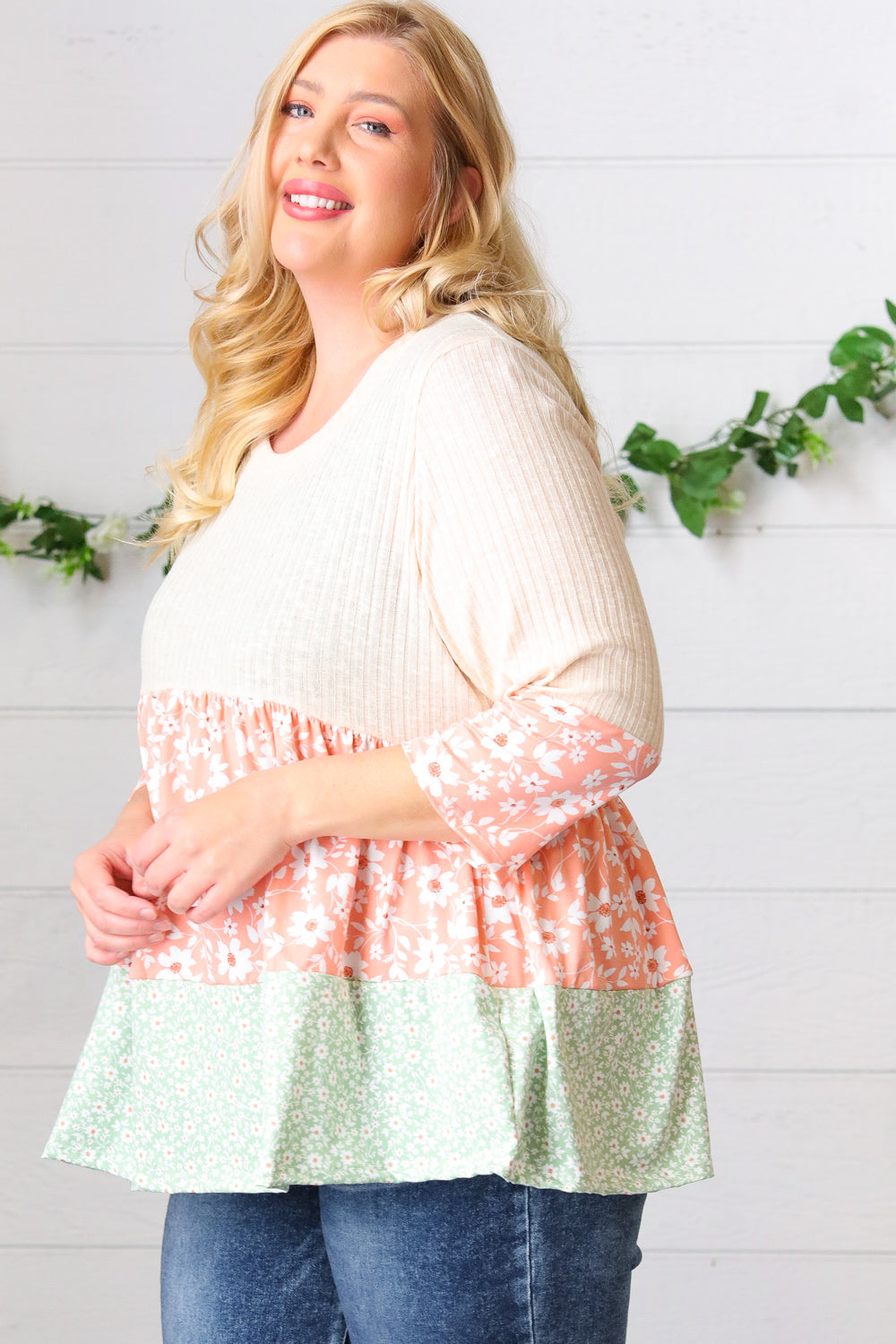 Oatmeal Rib Floral Tiered Babydoll Color Block Top