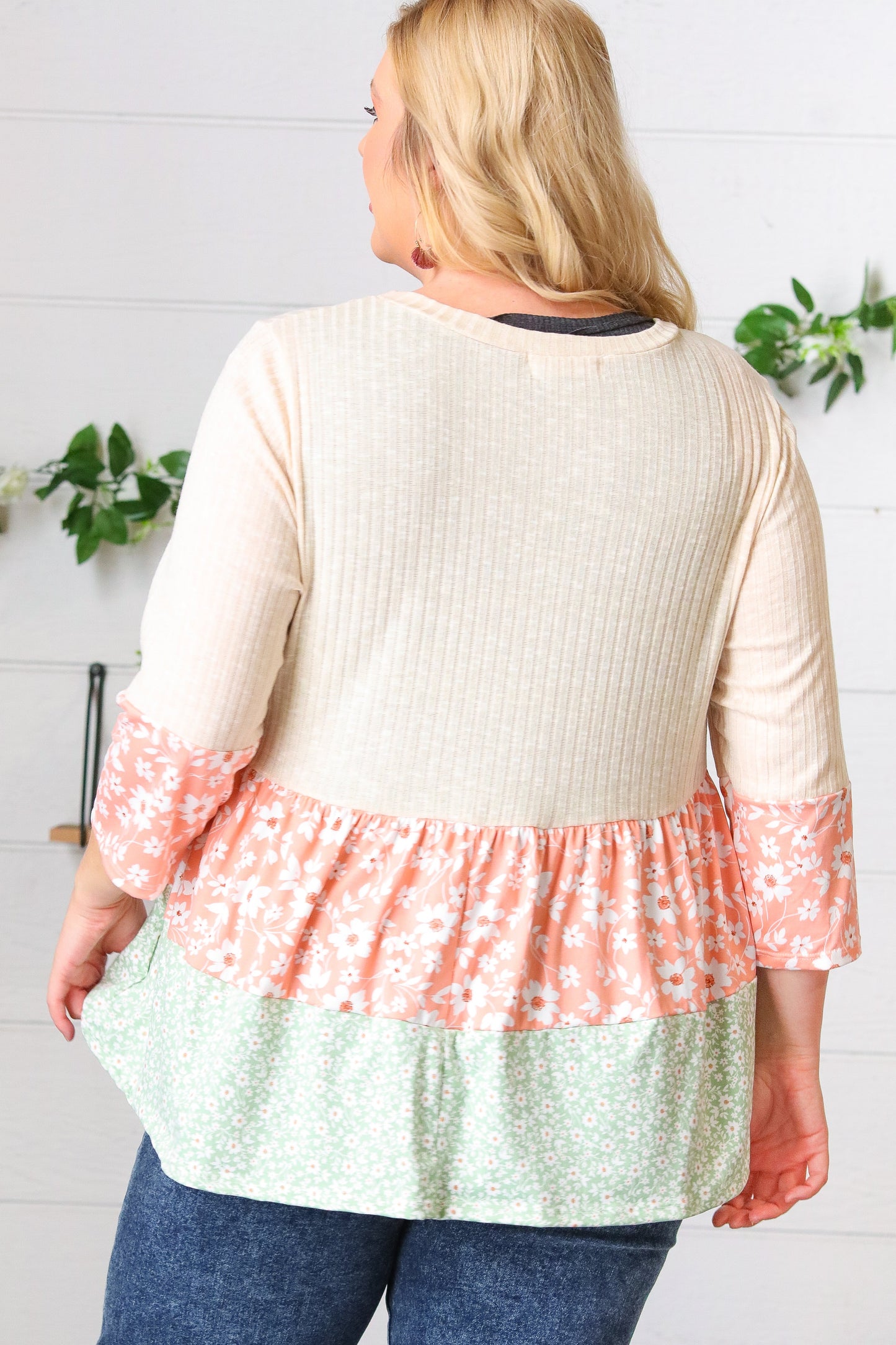 Oatmeal Rib Floral Tiered Babydoll Color Block Top